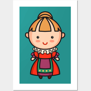 Cute British Victorian Era Woman in Traditional Clothing Cartoon Posters and Art